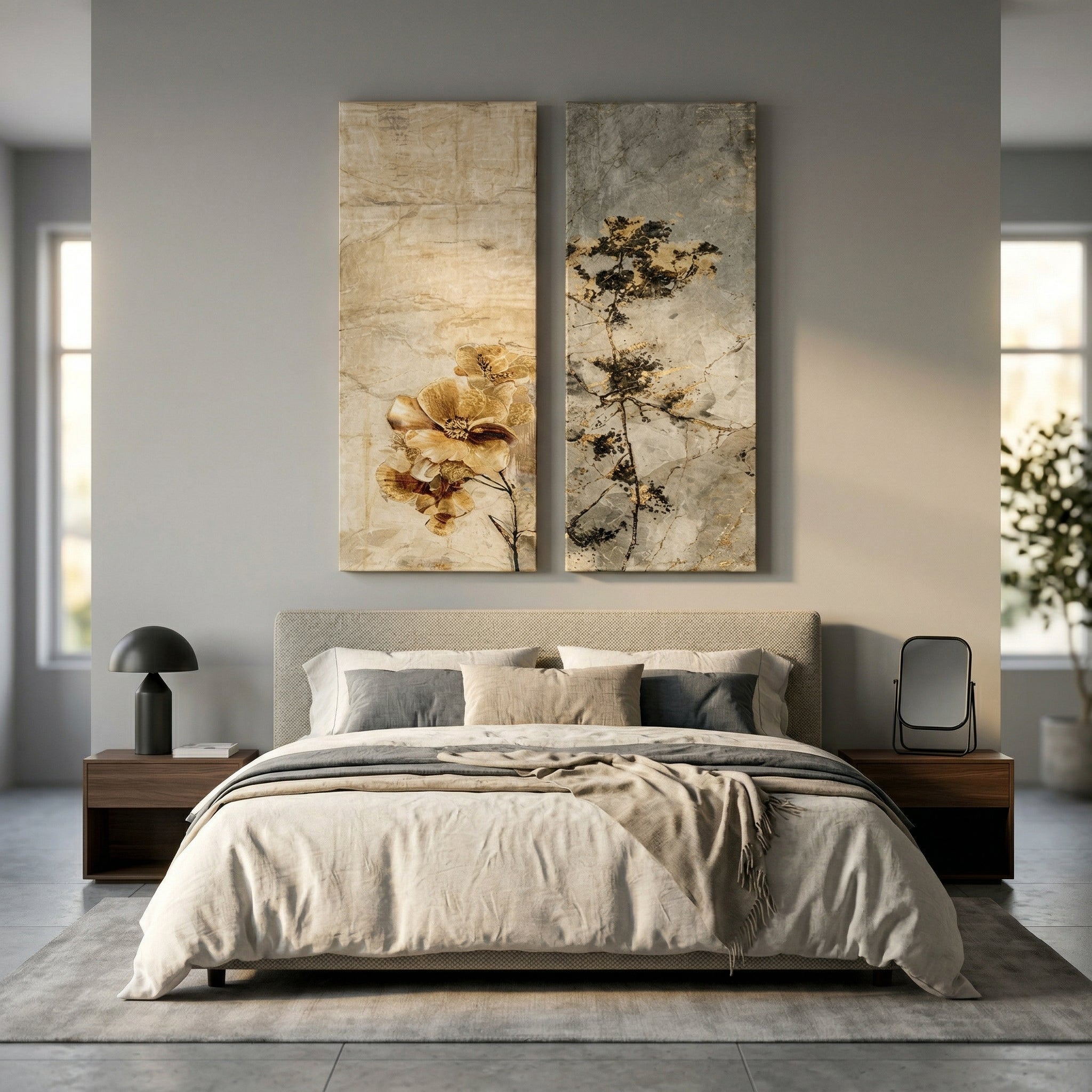 Elegant Gold & Grey Abstract Floral Canvas Wall Art Set