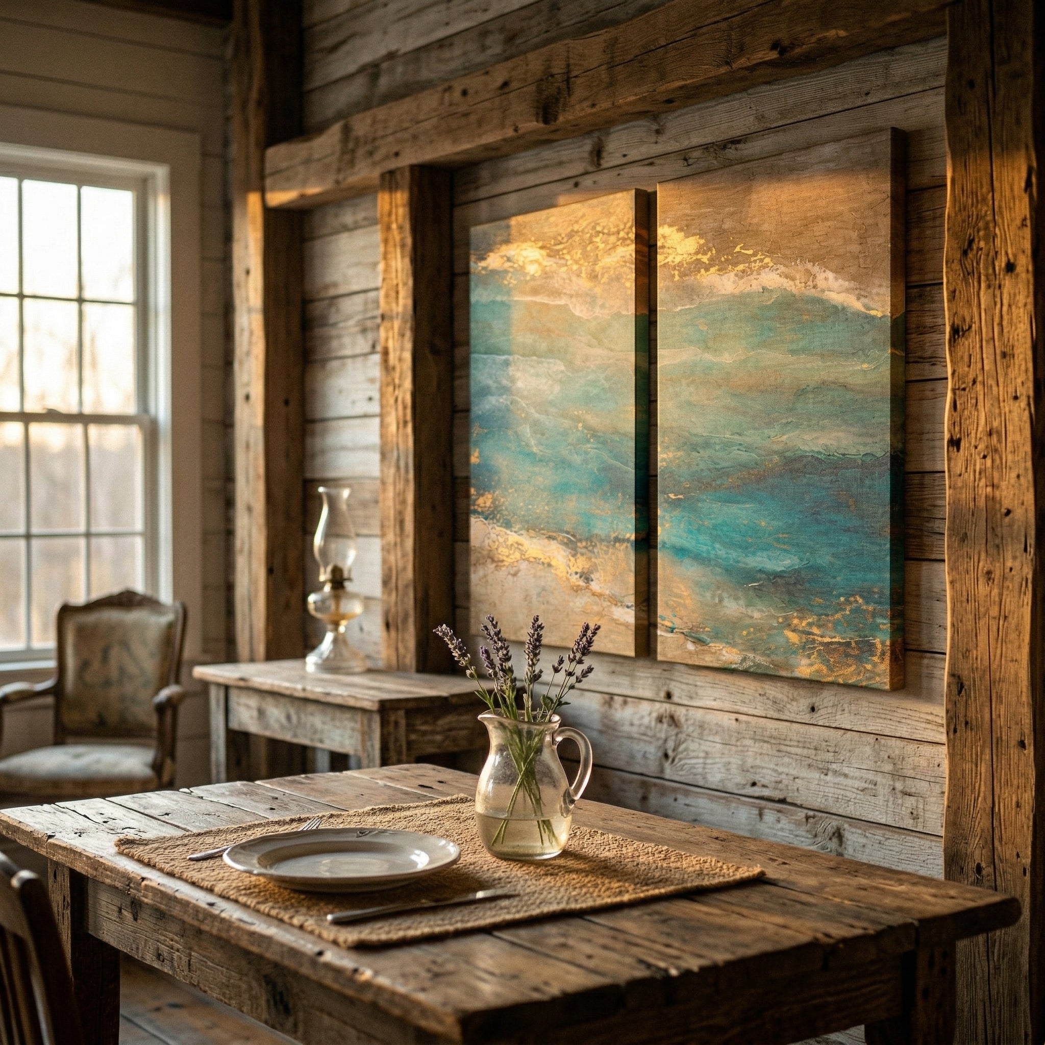 Abstract Ocean Waves Turquoise & Gold Diptych Wall Art