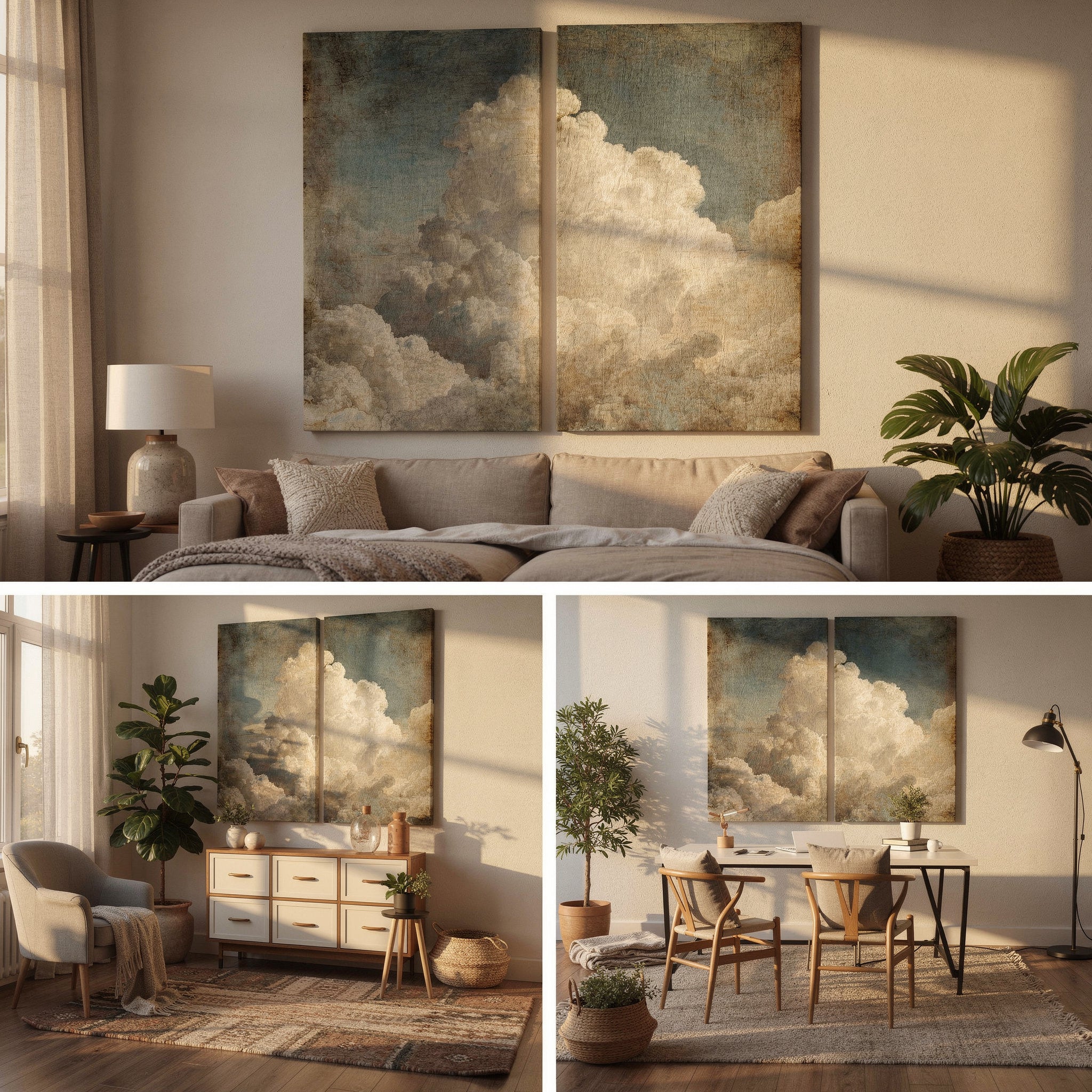 Vintage Cloudscape Canvas Wall Art | Antique Sky Diptych Print