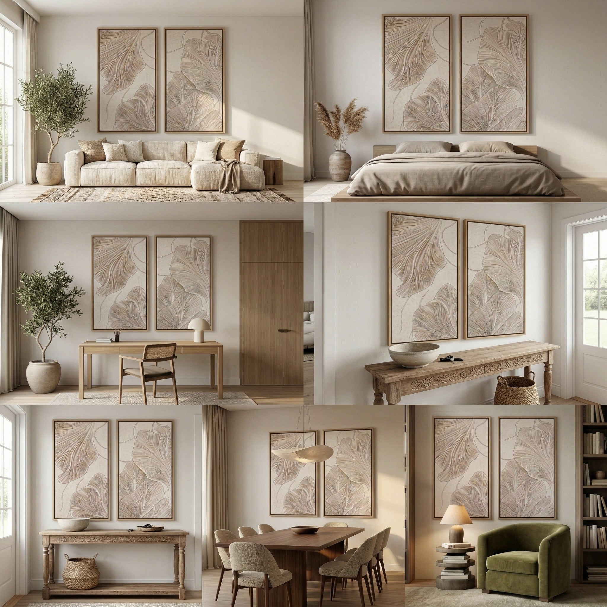 Minimalist Ginkgo Biloba Leaf 2-Panel Canvas Wall Art Set