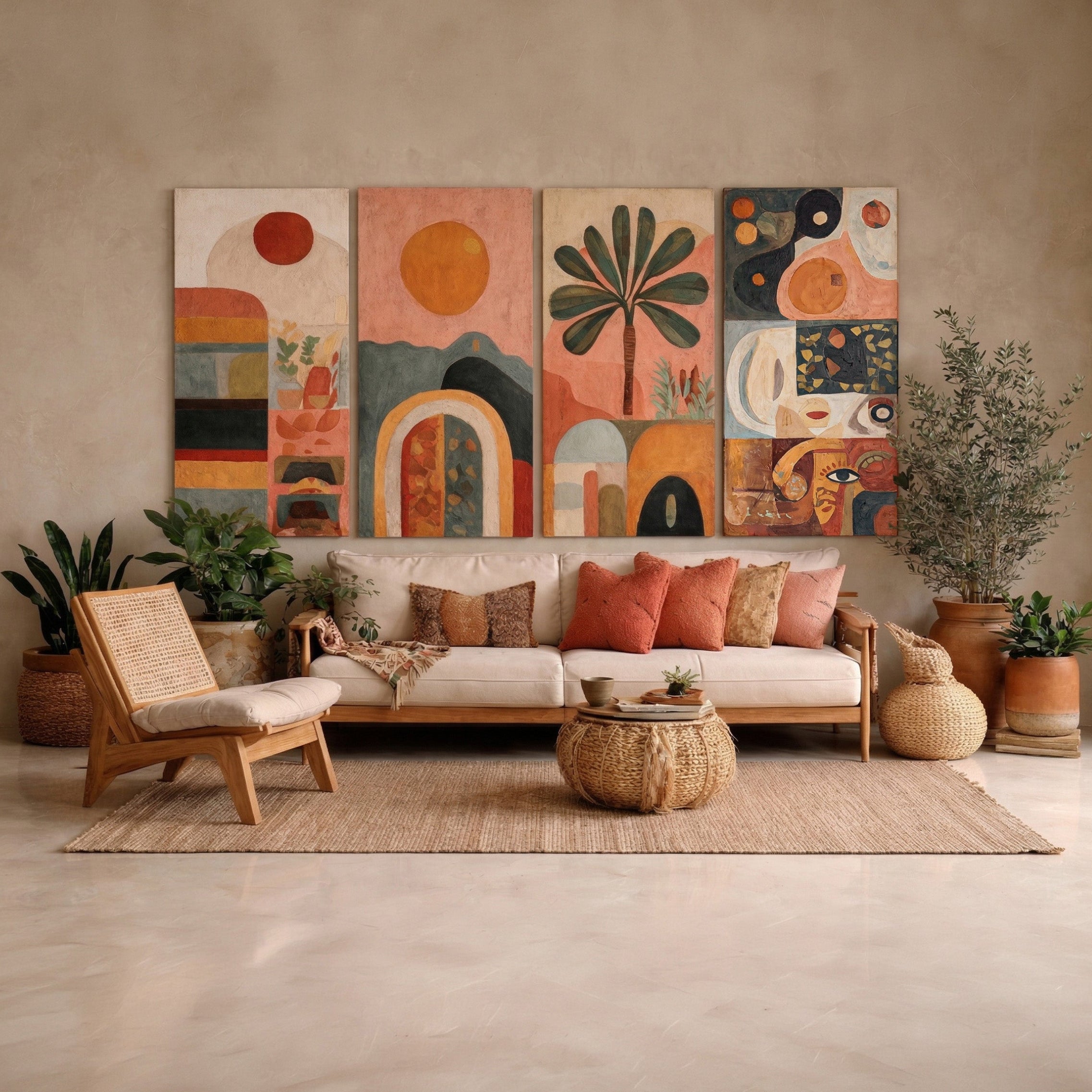 Terracotta Boho Abstract Canvas Wall Art | 4-Piece