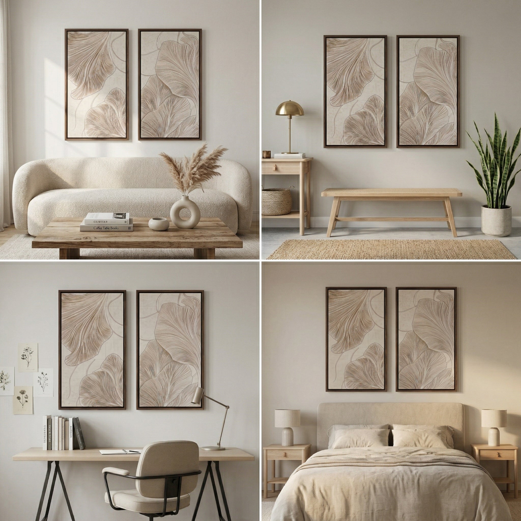 Minimalist Ginkgo Biloba Leaf 2-Panel Canvas Wall Art Set