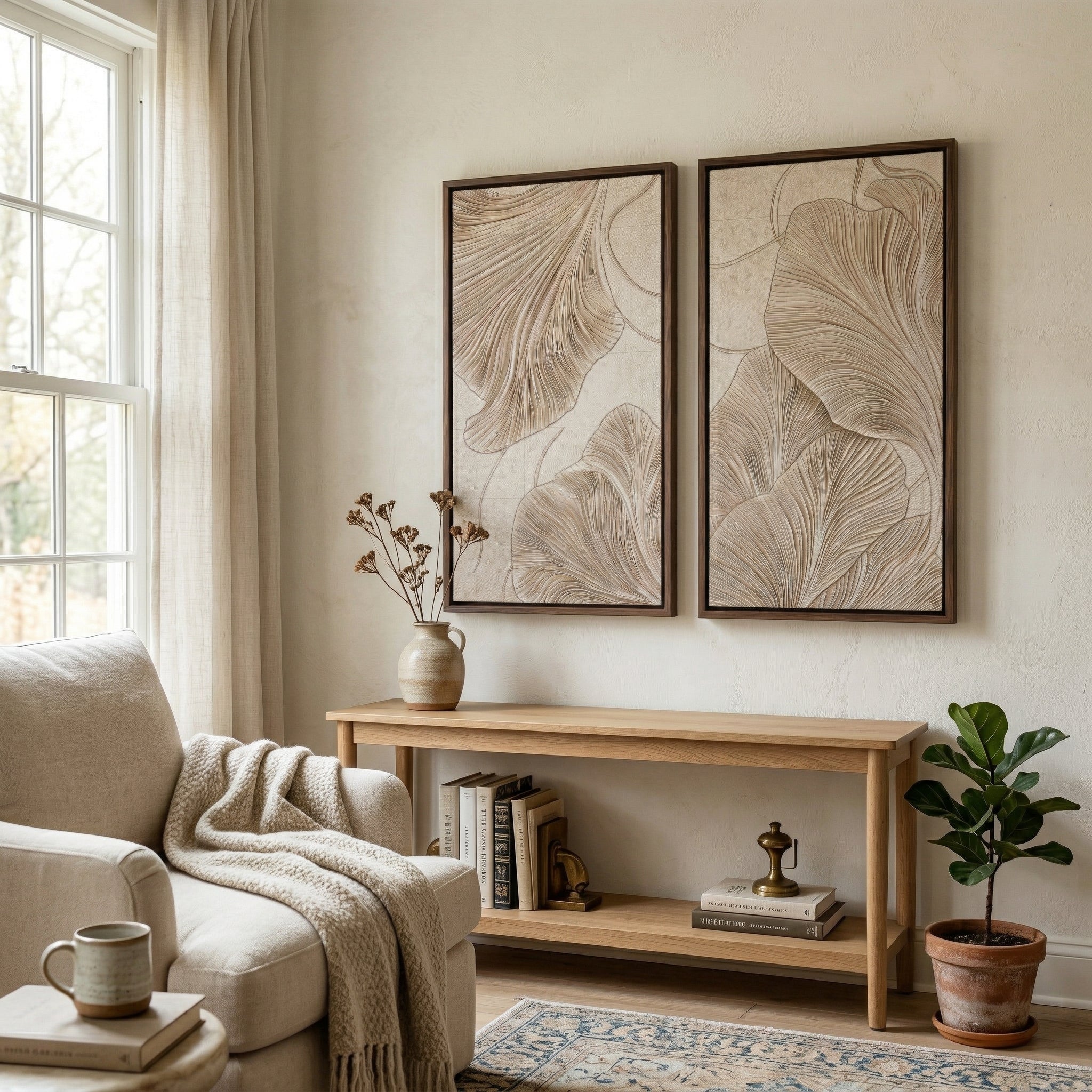 Minimalist Ginkgo Biloba Leaf 2-Panel Canvas Wall Art Set