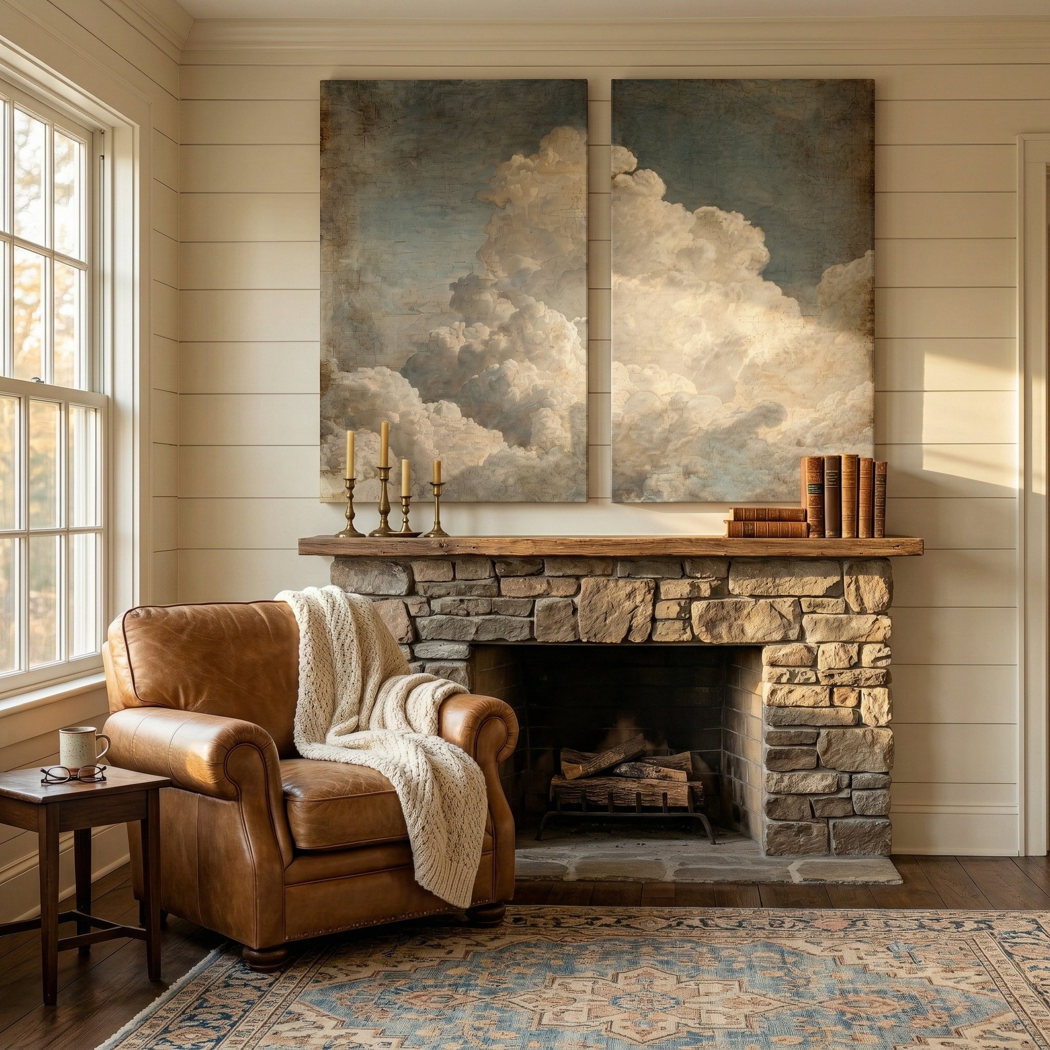Large two-piece vintage cloudscape canvas wall art set featuring a classical painting of billowing clouds in muted blues and warm creams, hanging above a rustic stone fireplace in a cozy living room.