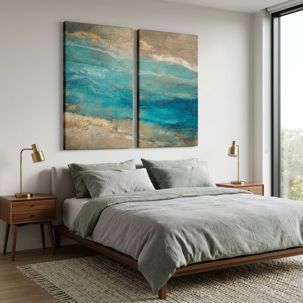 Abstract Ocean Waves Turquoise & Gold Diptych Wall Art
