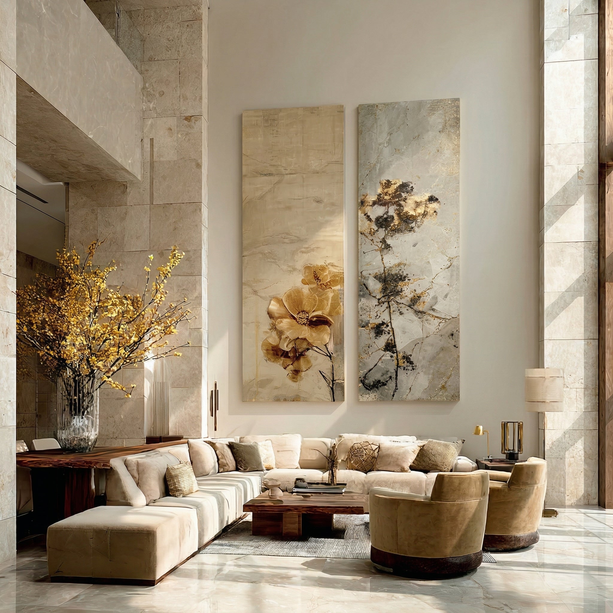 Elegant Gold & Grey Abstract Floral Canvas Wall Art Set