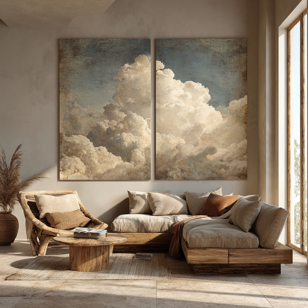 Vintage Cloudscape Canvas Wall Art | Antique Sky Diptych Print