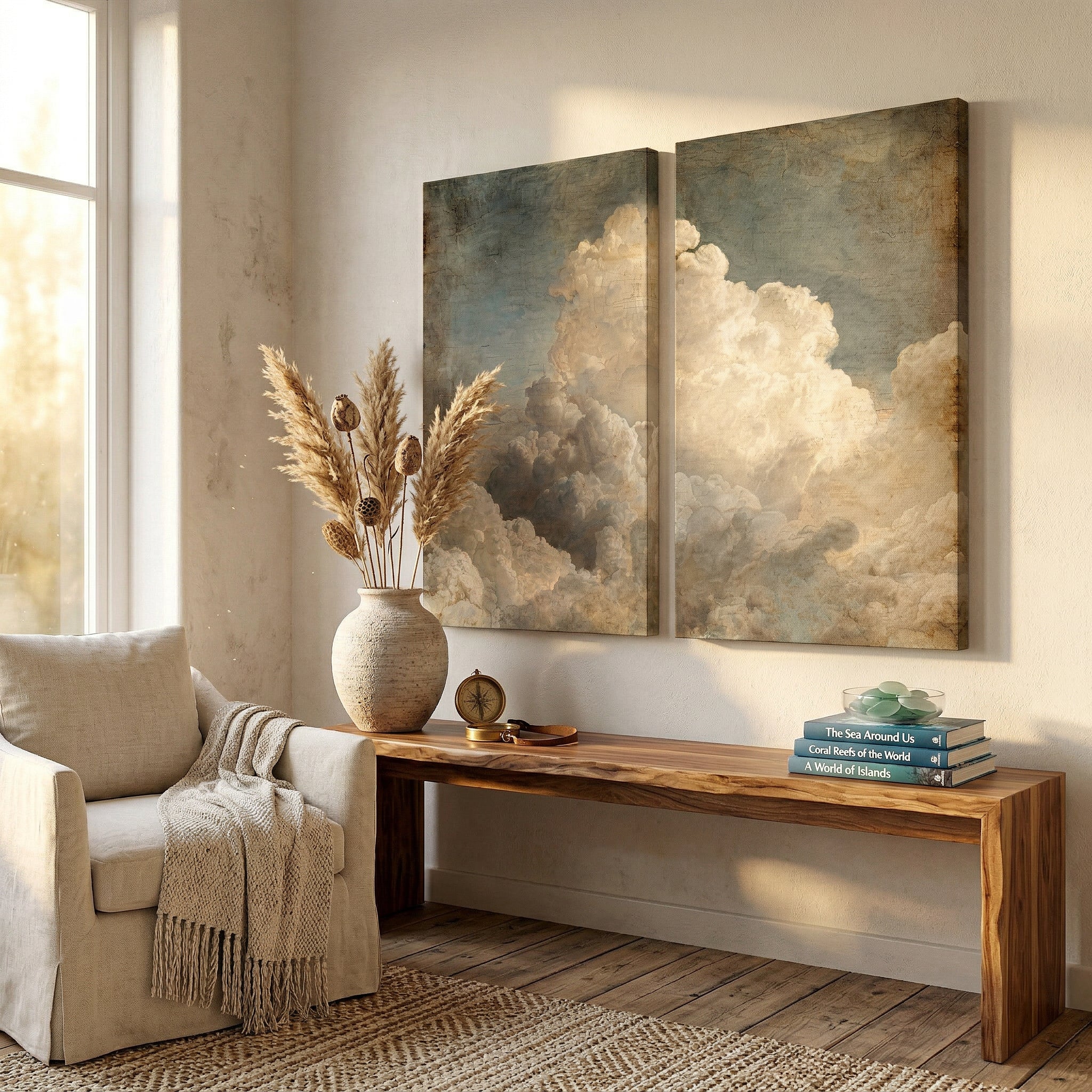 Vintage Cloudscape Canvas Wall Art | Antique Sky Diptych Print