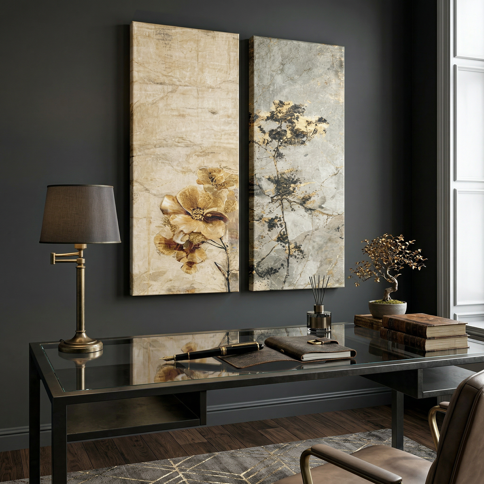 Elegant Gold & Grey Abstract Floral Canvas Wall Art Set