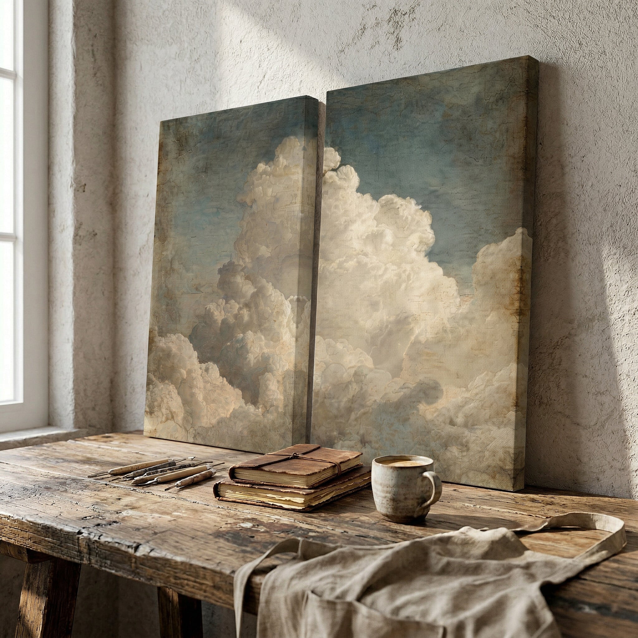 Vintage Cloudscape Canvas Wall Art | Antique Sky Diptych Print