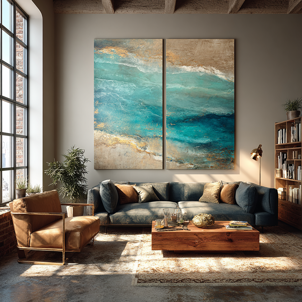 Abstract Ocean Waves Turquoise & Gold Diptych Wall Art