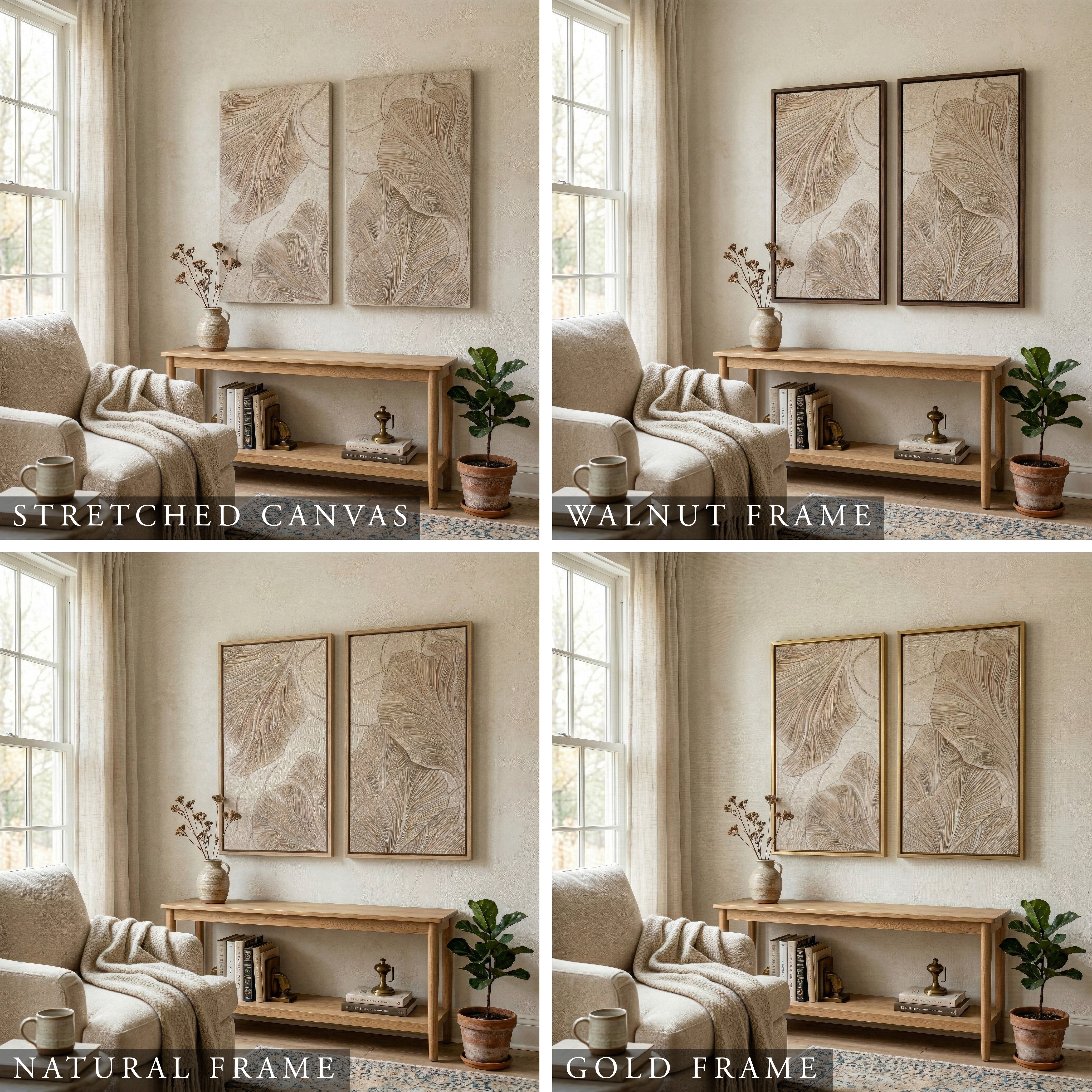 Minimalist Ginkgo Biloba Leaf 2-Panel Canvas Wall Art Set
