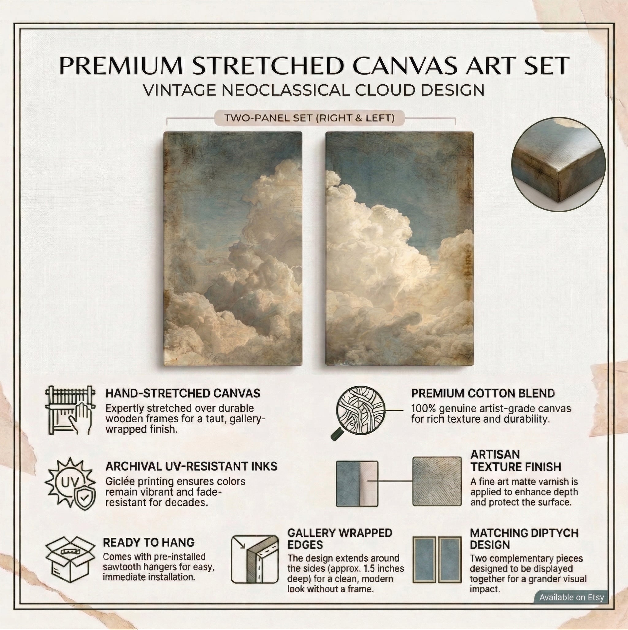 Vintage Cloudscape Canvas Wall Art | Antique Sky Diptych Print