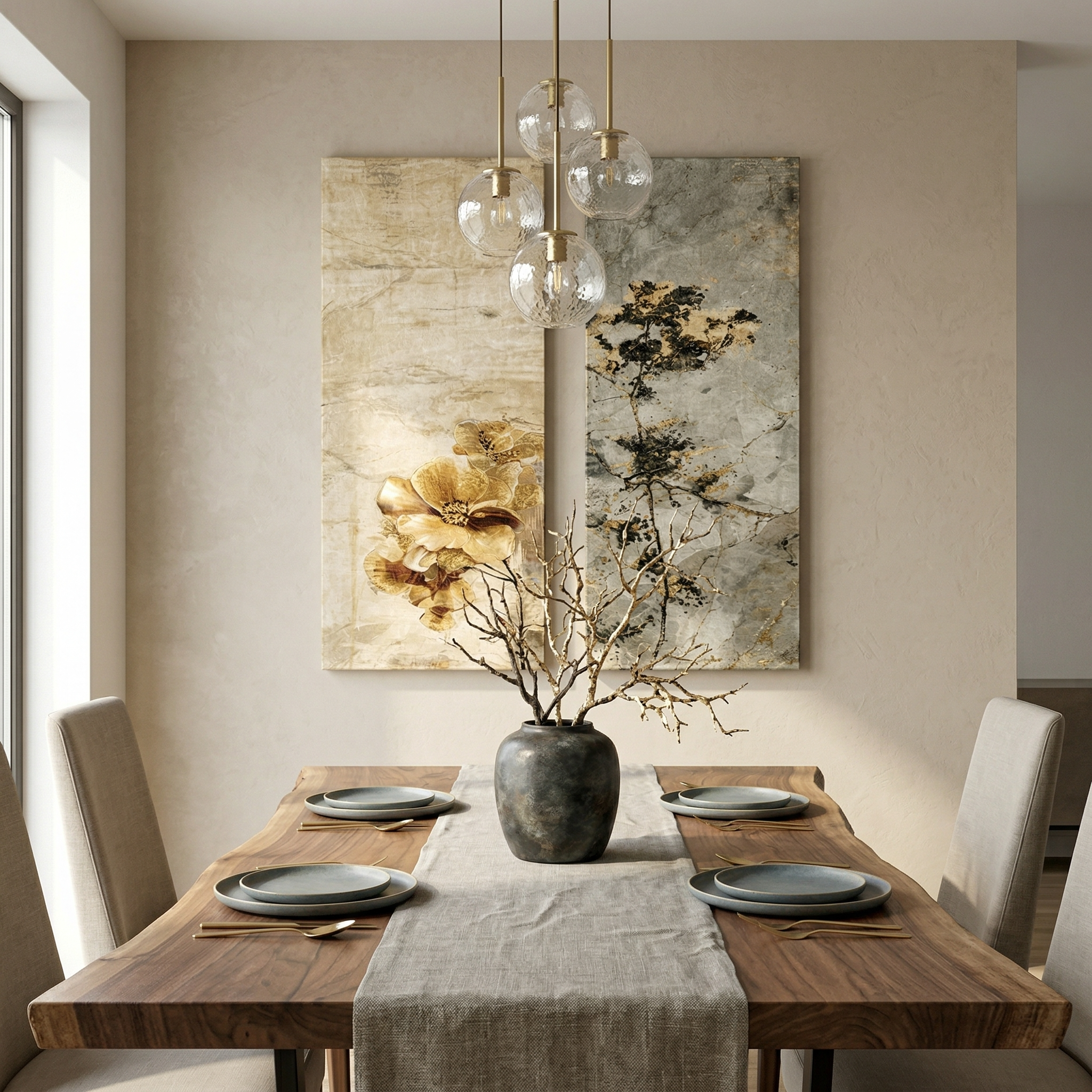Elegant Gold & Grey Abstract Floral Canvas Wall Art Set
