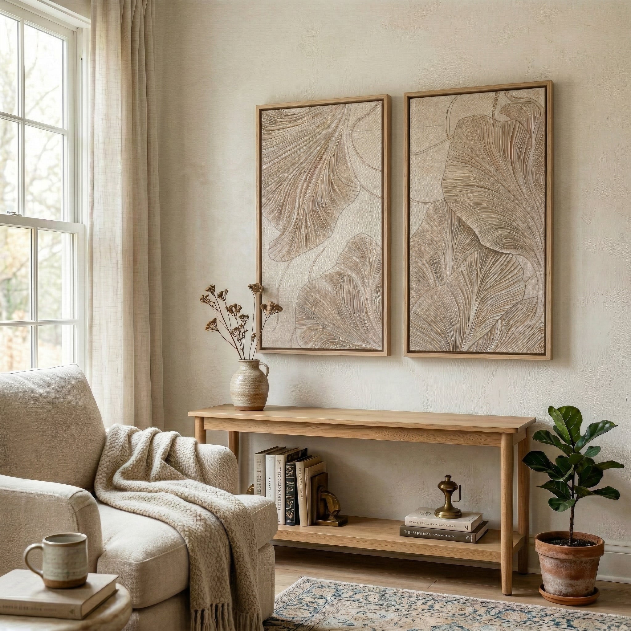 Minimalist Ginkgo Biloba Leaf 2-Panel Canvas Wall Art Set