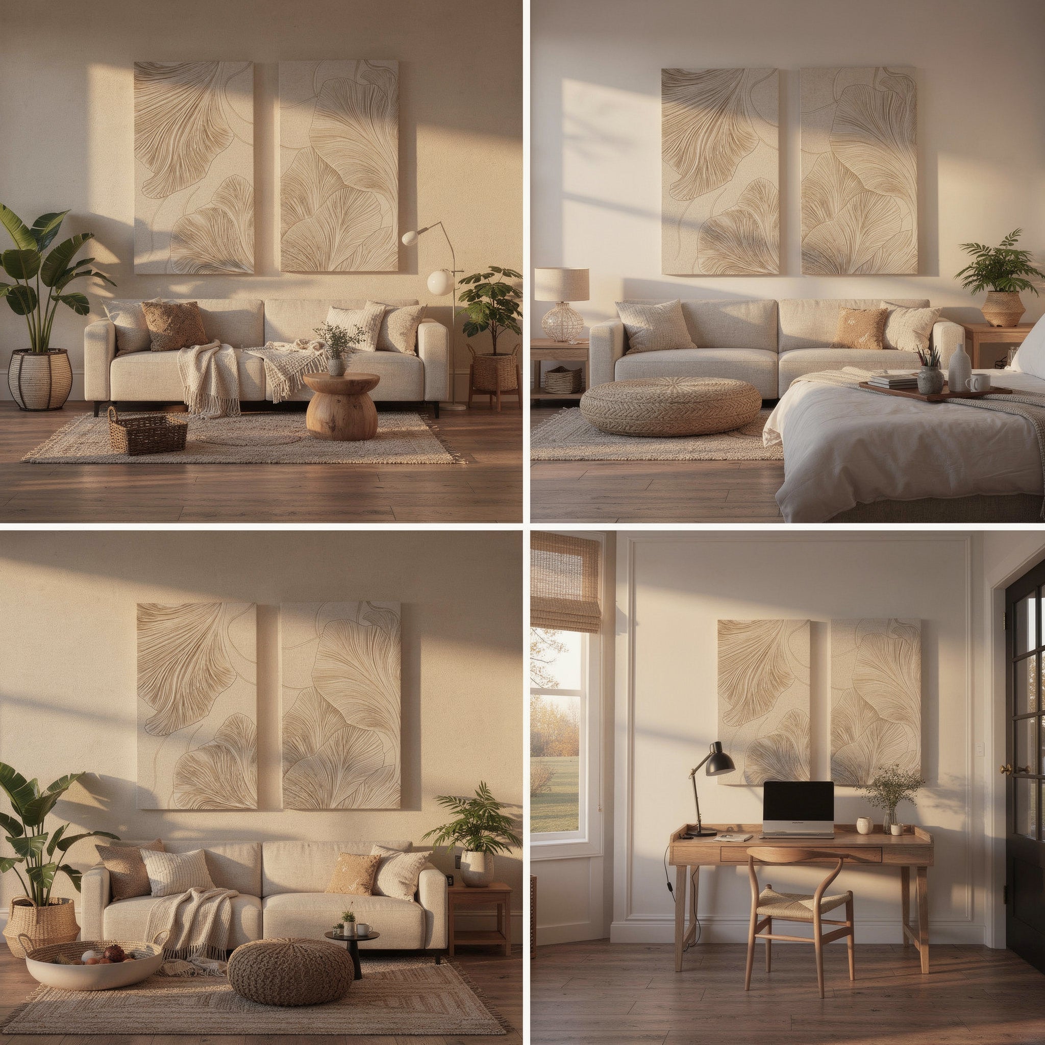 Minimalist Ginkgo Biloba Leaf 2-Panel Canvas Wall Art Set